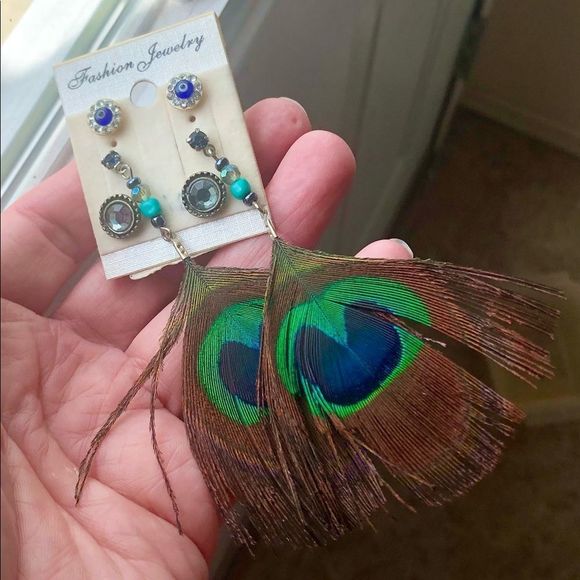 3 pair pierced earrings, evil eye, feather, crystal - Picture 9 of 9